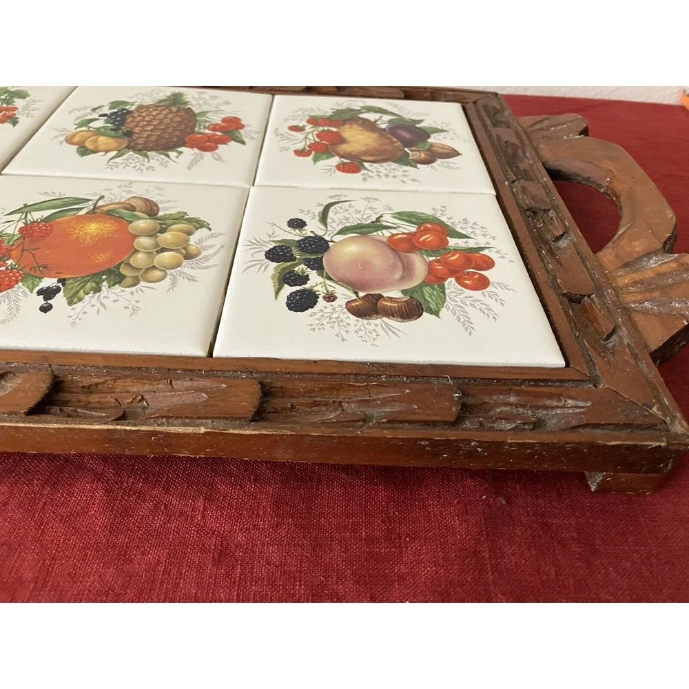 Vintage '70s Dal-Tile Carved Wooden Serving Tray with Ceramic Fruit Tiles Trivet